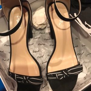 Black suede open toe heels with black&white bow